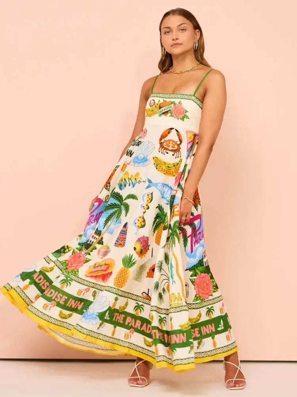 Tropical Print Maxi Dress in Cream & Green